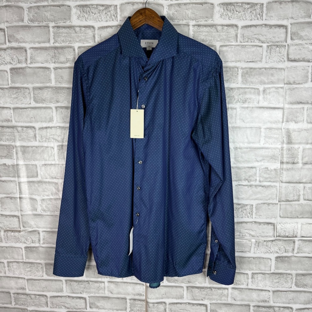 ETON Slim Fit Navy Blue Mint Green Polka Dot Button Up Dress Shirt Mens 17.5 NWT - Picture 2 of 11